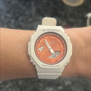 G-Shock White and Orange Smartwatch with Rugged Design